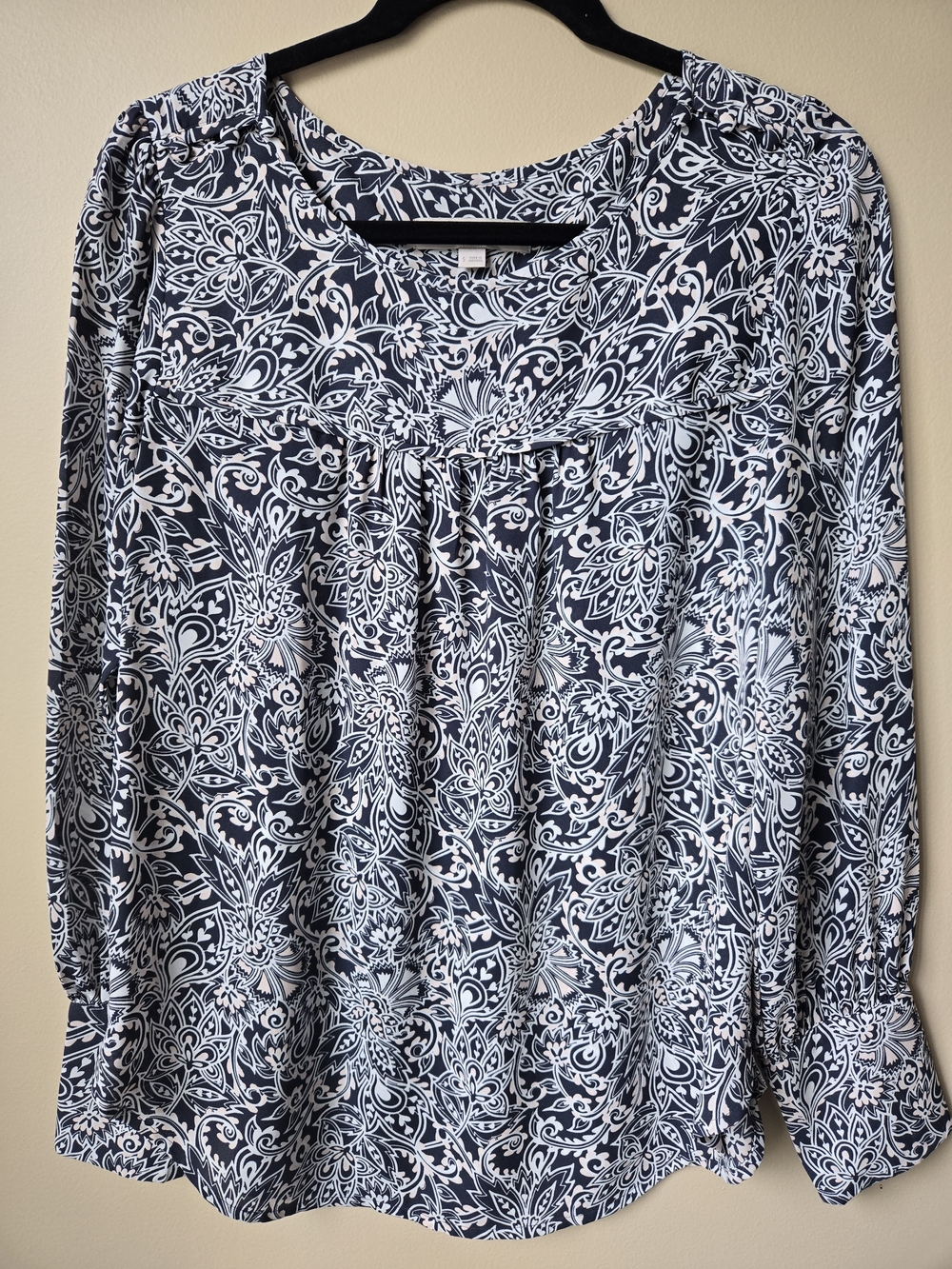 LOFT Navy and White Paisley-Print Long-Sleeve Blouse